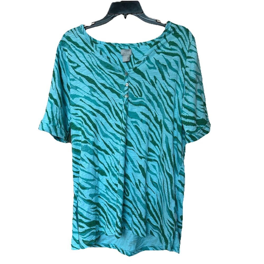 Chico's Top Women's 2 Lg Blue V-Neck Popover Short Sleeve Zebra Print Resort Y2K